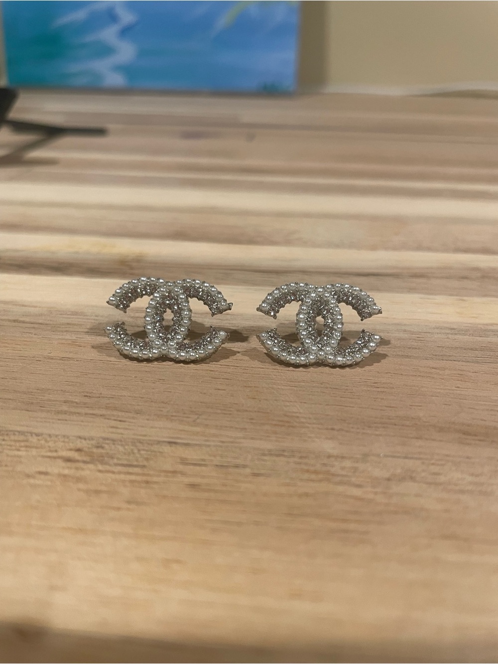 Double CC Crystal and Pearl Earrings in Silver